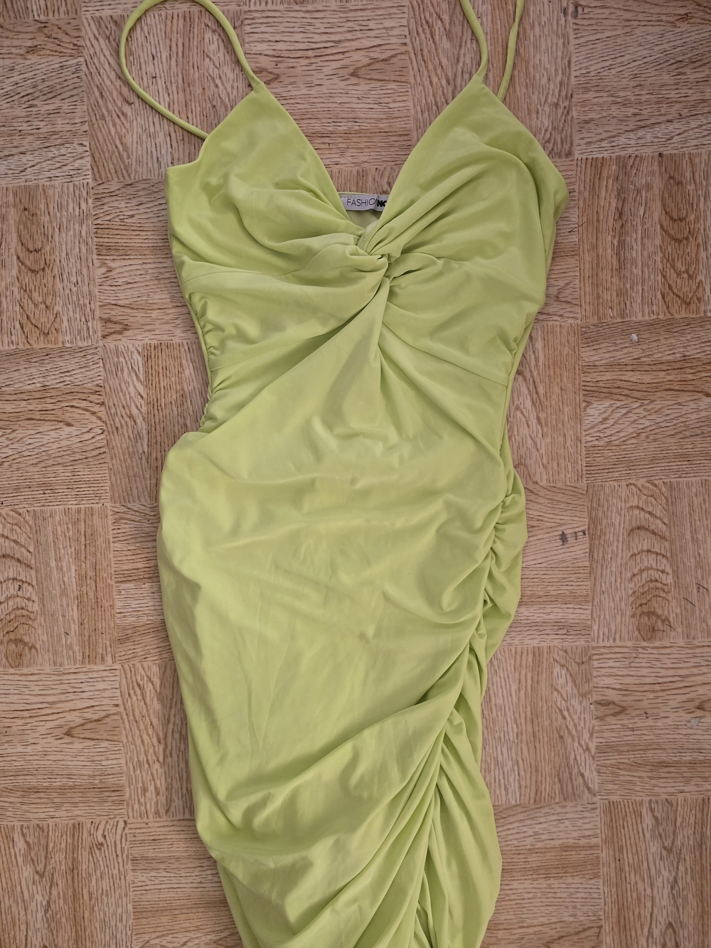 Fashion Nova Lime Green Ruched Twist Slip Dress